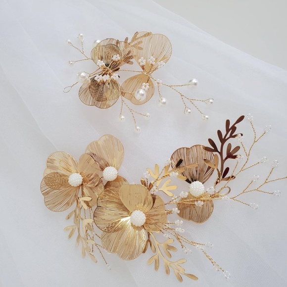 2pcs Gold pedal Bridal large headpiece Unique main image 4
